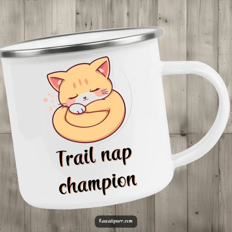 Funny sleepy cat in a curled position with purr vibrations on a durable camping mug. A funny outdoor gift.