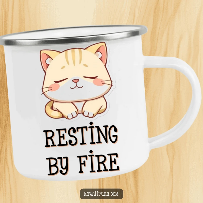 Funny camping mug featuring a sleepy cat character dozing peacefully with a contented smile. Perfect for serene outdoor enjoyment.