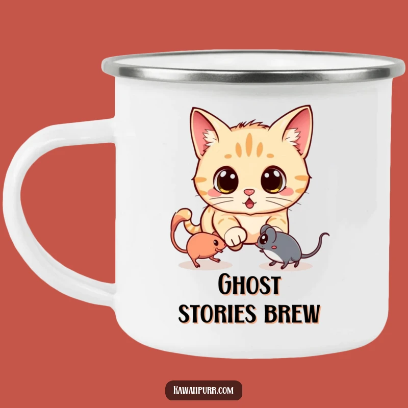 Funny Kawaii Ghost Mouse Cat Camping Mug: Spooky Sips for Brave Souls