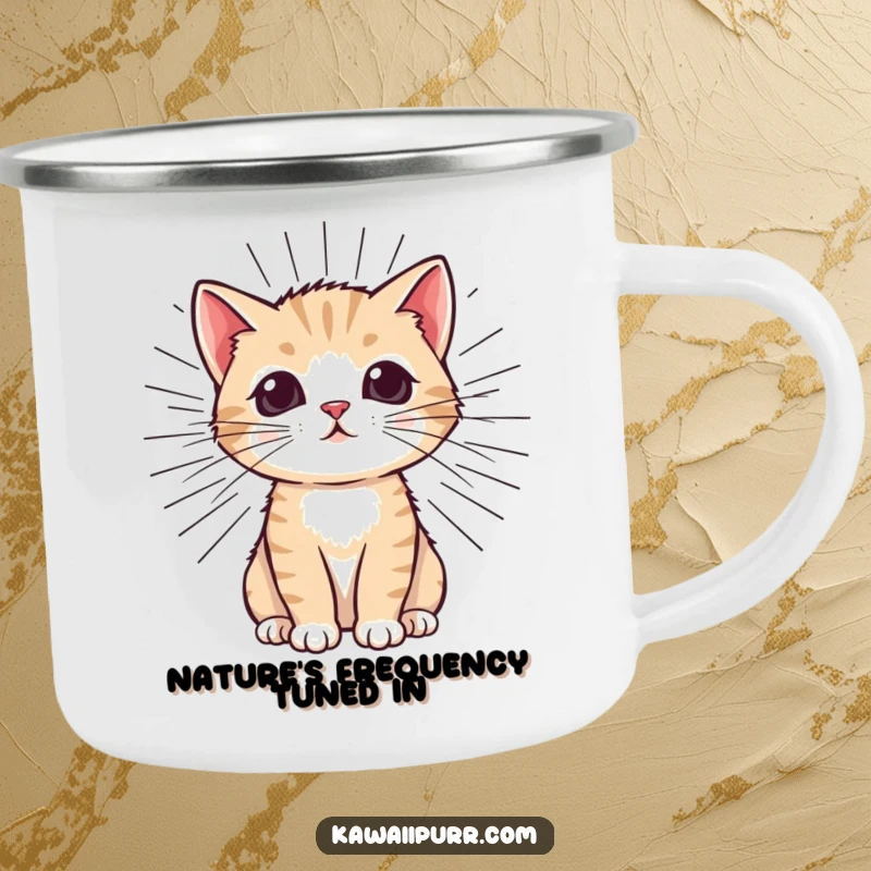 Funny Kitten Purr Camping Mug with a cat emitting outward purr lines, designed for outdoor enthusiasts who love humor.