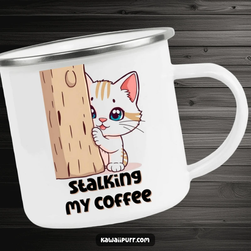 Funny Camping Mug: Mischievous cat peeking from behind a scratching post, ideal for outdoor adventures and laughs.