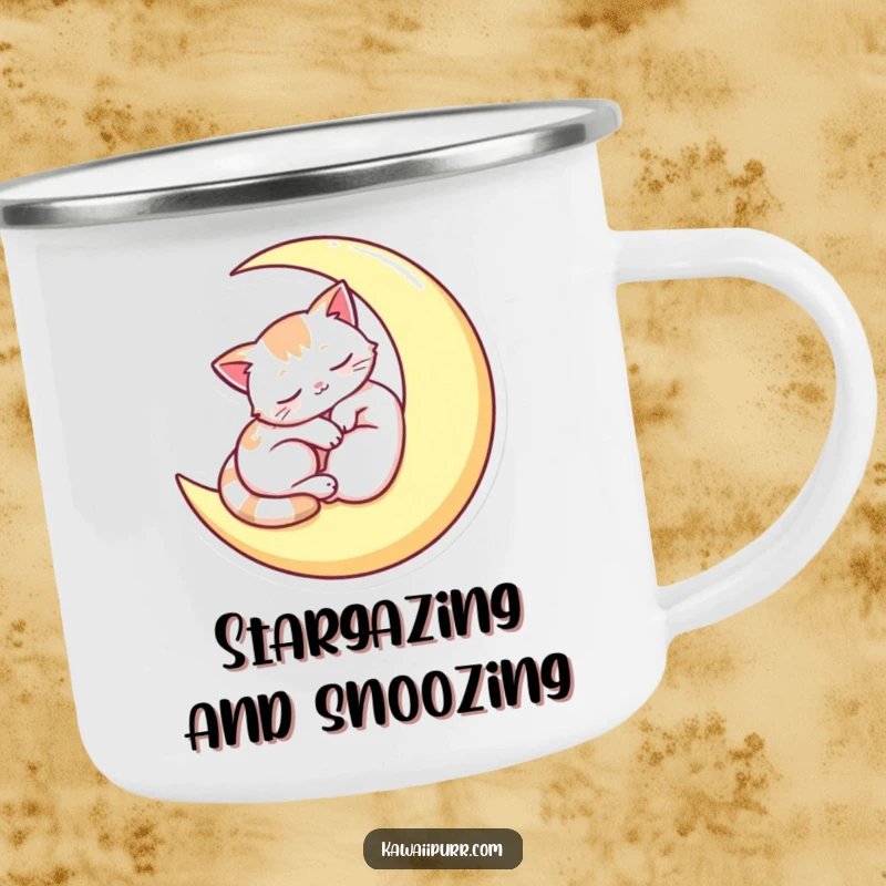Funny camping mug featuring a sleepy cat resting on a crescent moon, perfect for enjoying drinks during peaceful outdoor adventures.