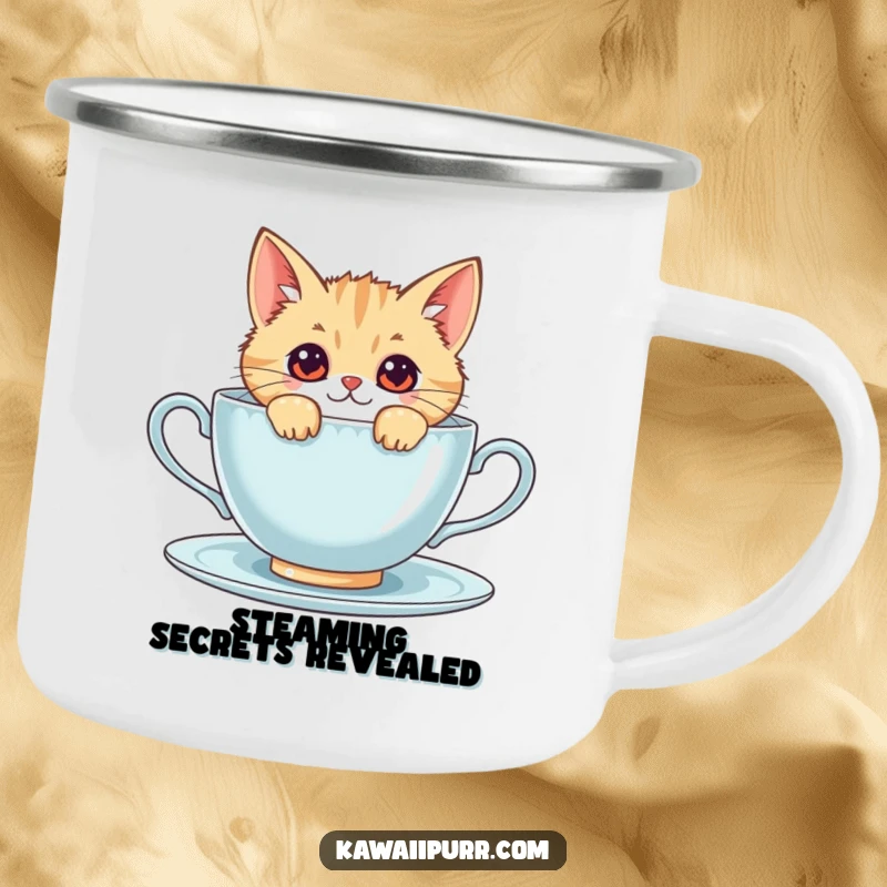 Funny kawaii cat peeking over a giant teacup, a sturdy and amusing camping mug for outdoor lovers.