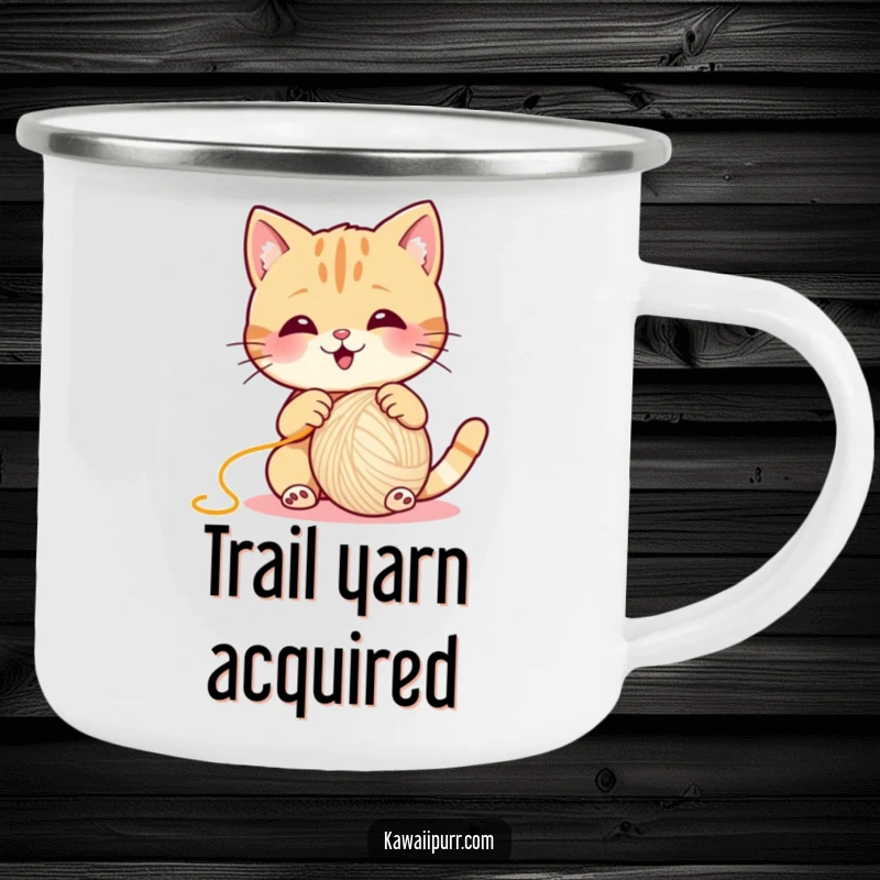 Funny Cat Camping Mug, a happy cat batting a ball of yarn, durable for outdoor adventures.