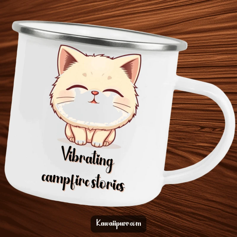 Funny fluffy cat camping mug showing a character blissfully purring, perfect for enjoying drinks by the campfire.