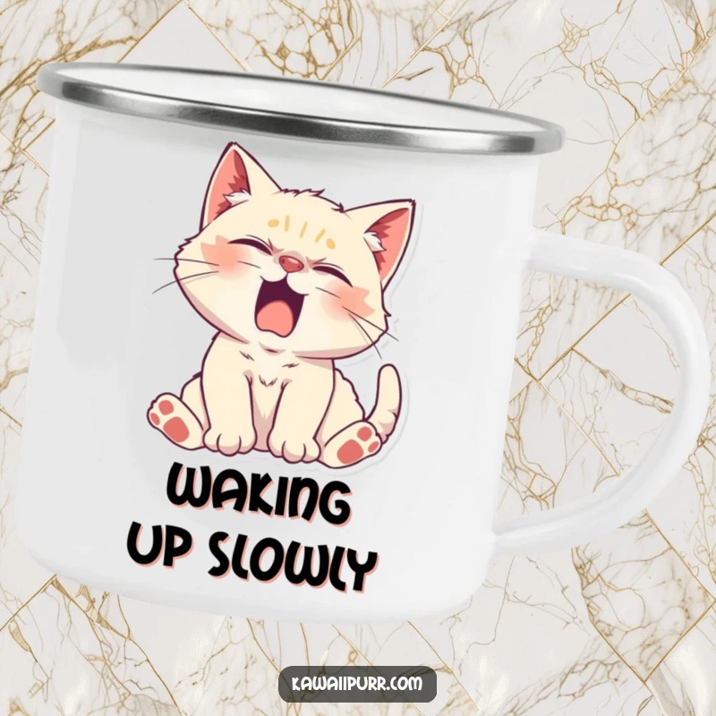 Funny Kitten Character stretching lazily with a yawn on a durable camping mug, ideal for relaxed outdoor moments.