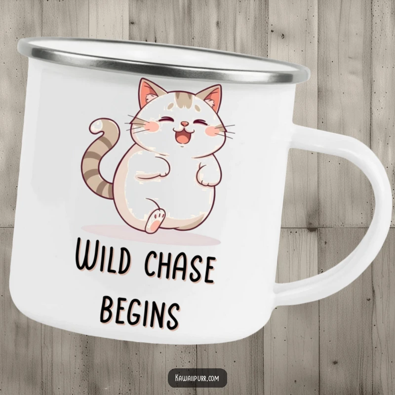 Funny Camping Mug: A plump cat chasing its own tail with a look of delighted confusion, ready for the outdoors.