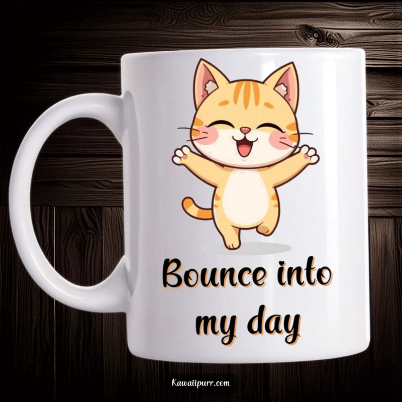 Funny cat character in mid-air, performing a joyful little hop with a happy expression on a mug.