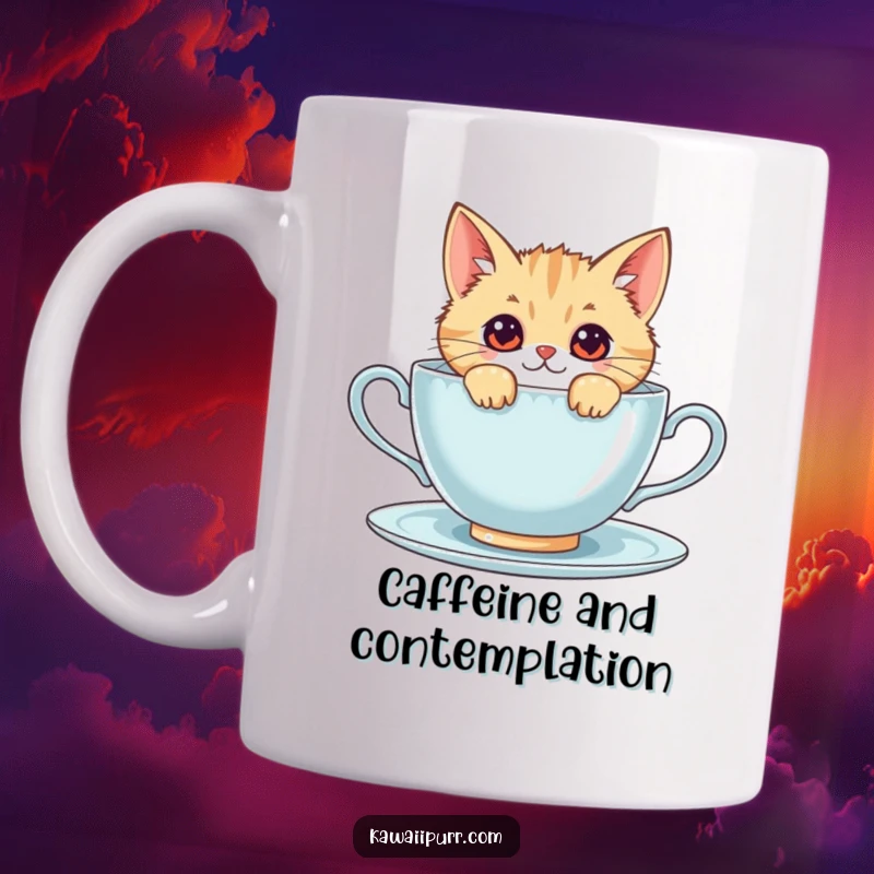 Funny kawaii cat peeking curiously from behind a giant teacup, embodying a playful and endearing feline personality.