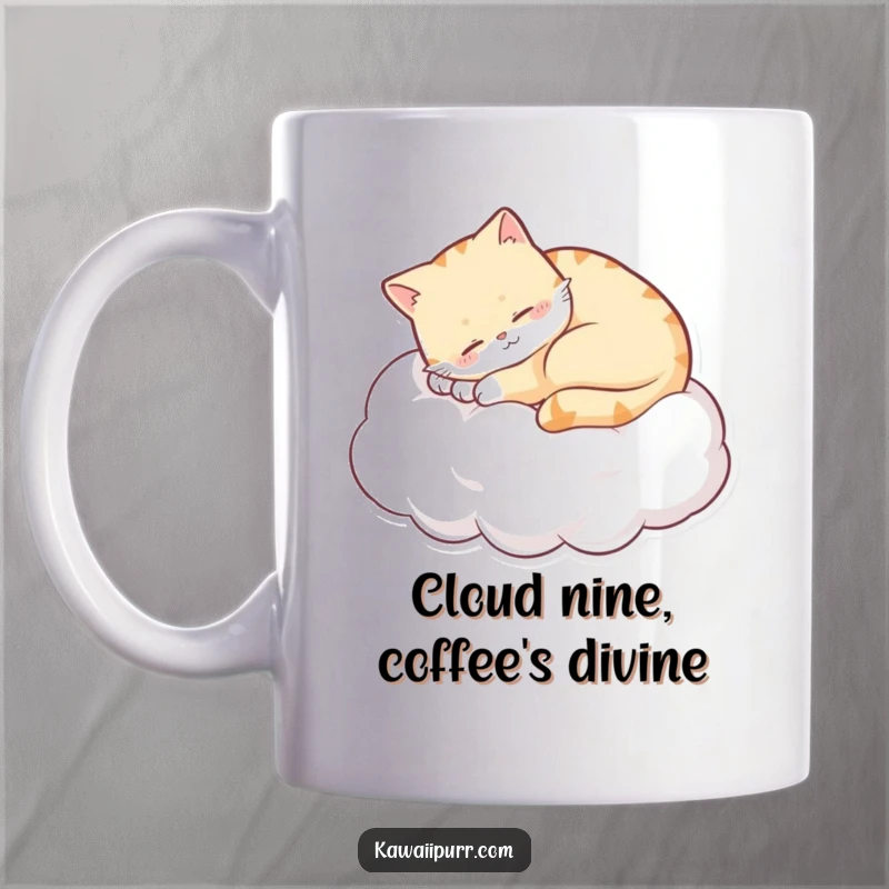 Funny sleepy cat curled on a cloud, purring with a content smile, on a ceramic mug. A cozy and humorous design.