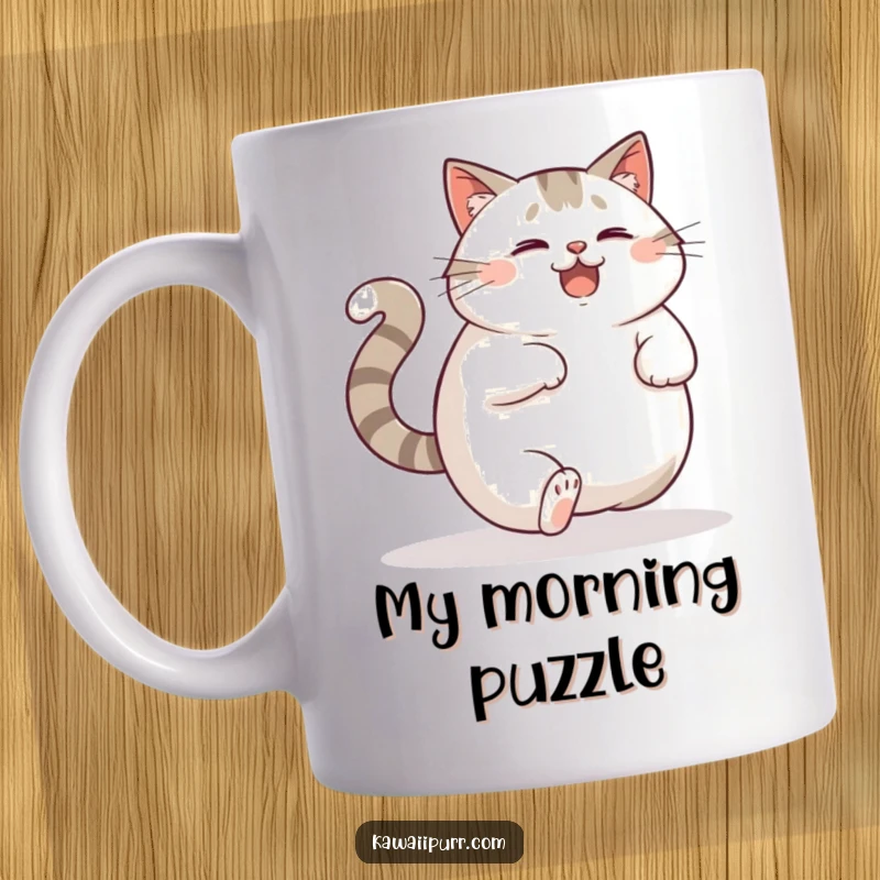 Funny Mug: A plump cat joyfully and confusedly chasing its own tail in a dizzying, delightful circle.