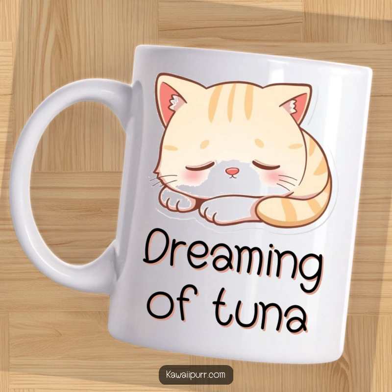 Funny mug with a cute cartoon cat character sound asleep, displaying a gentle, contented smile and peaceful repose.