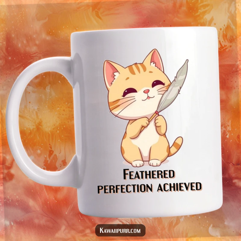 Funny cat character actively batting at a floating feather with playful focus on a mug.