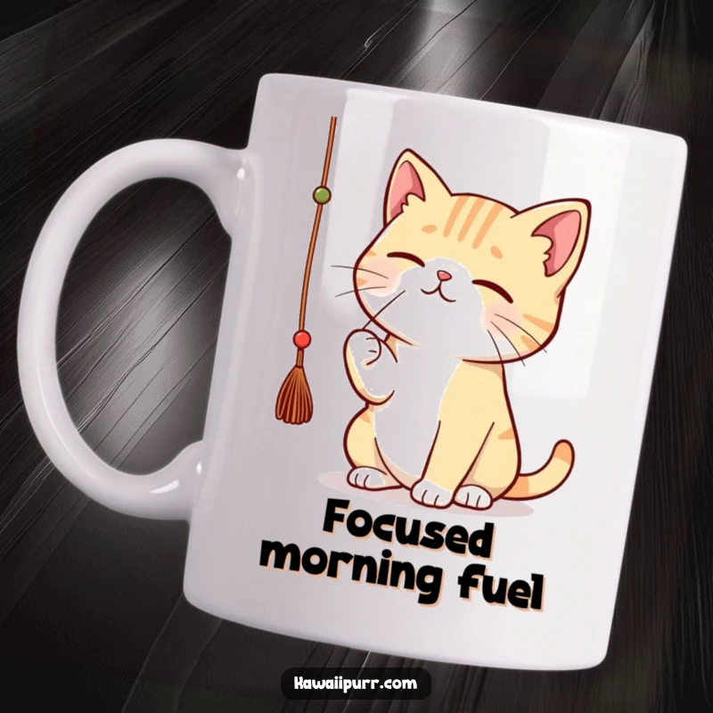 Funny kawaii cat intensely batting a dangling string with great concentration on a mug.