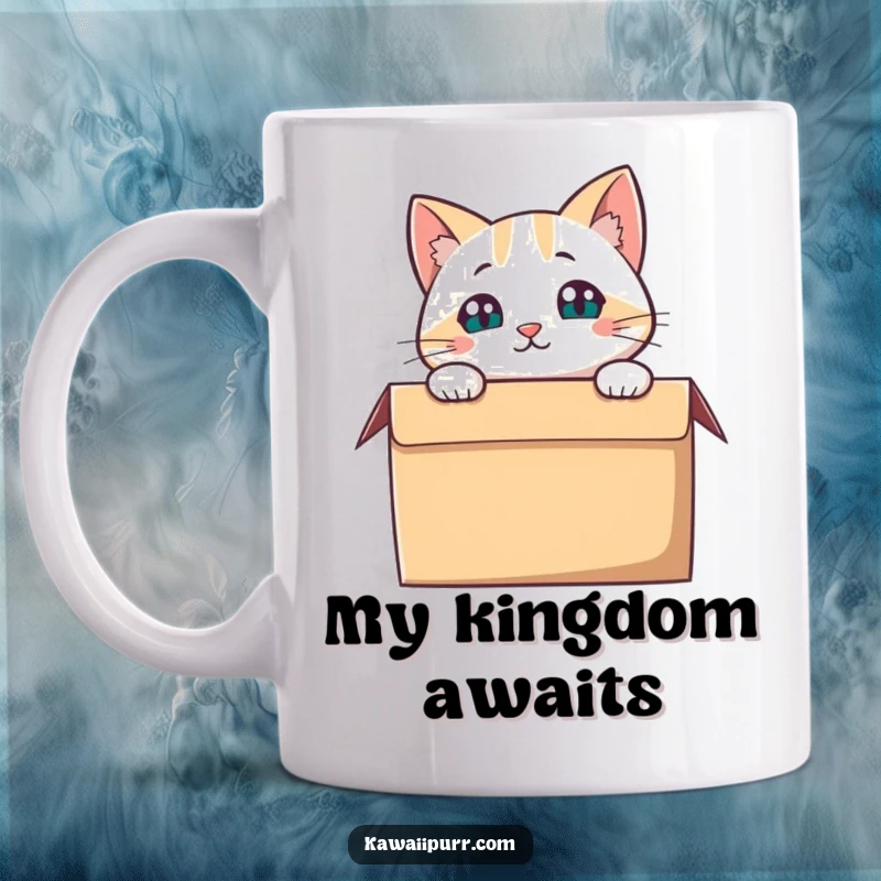 Funny Cat Mug, a cat's head peeking out curiously from inside a cardboard box.