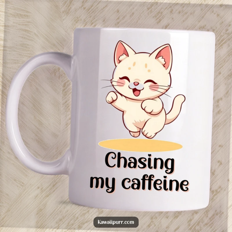 Funny Mug: Playful kitty character energetically chasing a bright red laser pointer dot across a surface.