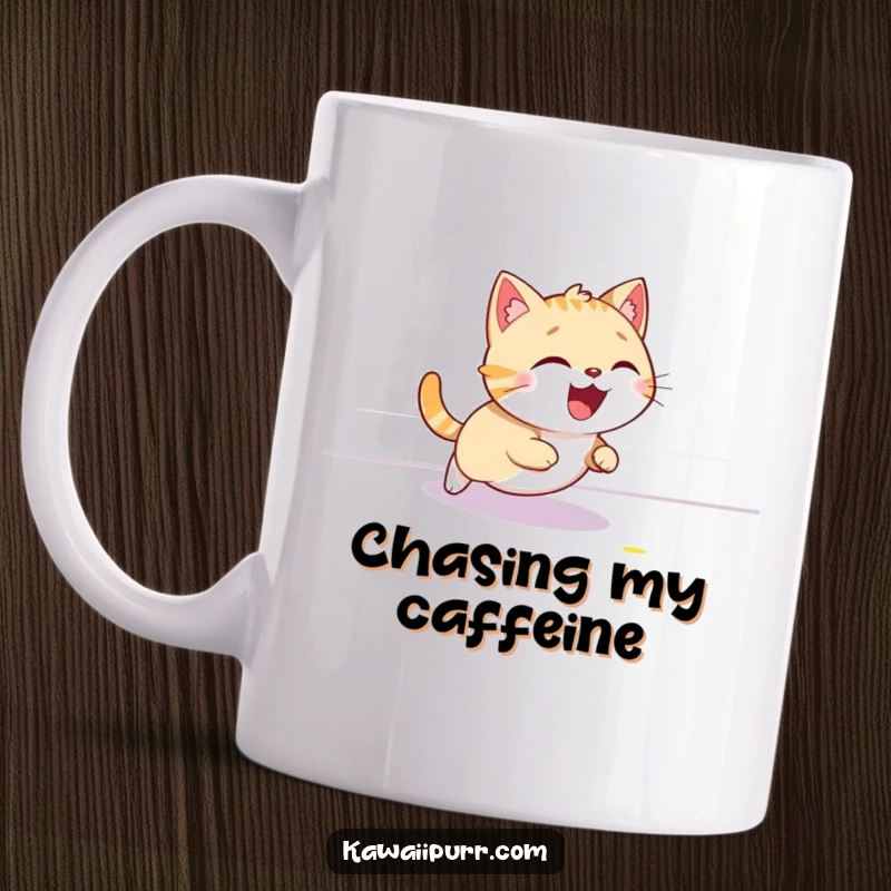 Funny cat mug, giggling with delight while playfully chasing a red laser dot across the floor, embodying playful mischief.