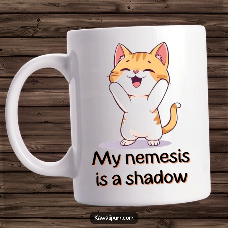 Funny Cat Mug: A cartoon cat gleefully pounces on a shadow with pure, unadulterated playful excitement and joy.