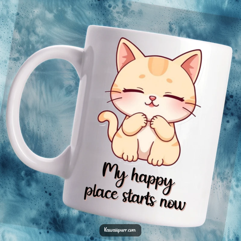 Funny cat character purring deeply with eyes closed, conveying ultimate contentment on a cozy mug.