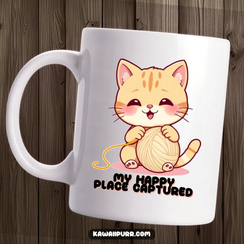 Funny Cat Mug, a playful kitty gleefully batting a large ball of colorful yarn with all its might.