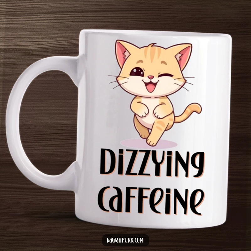 Funny mug showing a cat character with a silly grin, spinning dizzily in a circle while chasing its tail.