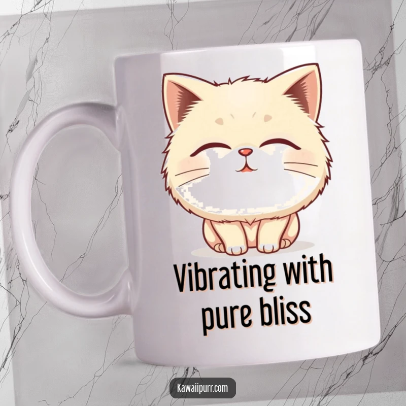 Funny fluffy cat mug with closed eyes, blissfully purring and vibrating with happiness, a perfect symbol of joy.