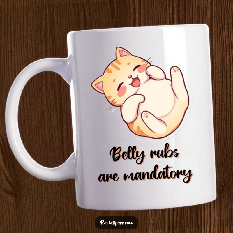 Funny Happy Cat Belly Mug showcasing a playful cat character joyfully rolling on its back, exposing its belly with contentment.