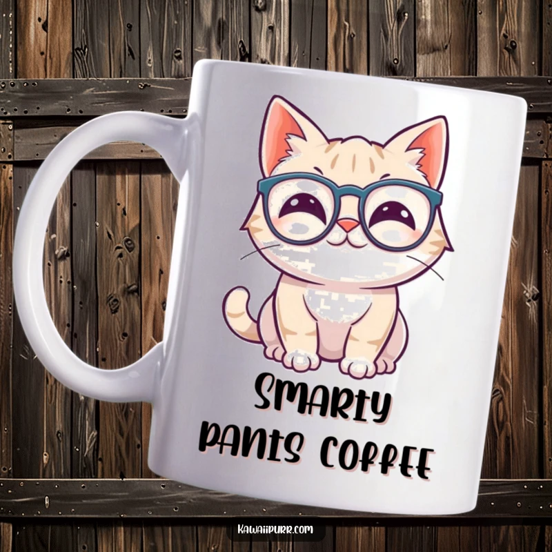Funny kawaii cat wiggling ears, wearing oversized spectacles, looking smart on a mug.