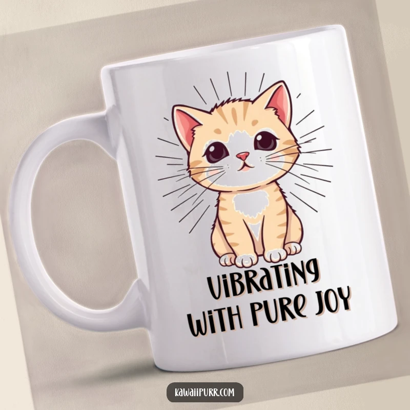 Funny Kitten Mug showcasing a cute cat with massive, outward-spreading purr lines, radiating pure happiness and contentment.