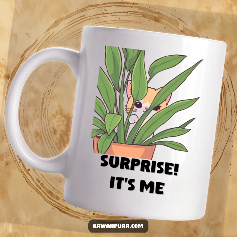 Funny Peek-a-Boo Cat Mug featuring a cute cat character playfully peeking from behind a large, lush green houseplant.