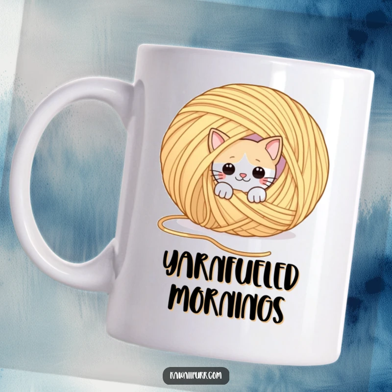 Funny mug with a playful cat character peeking out from behind a giant, floating ball of yarn, looking curious.