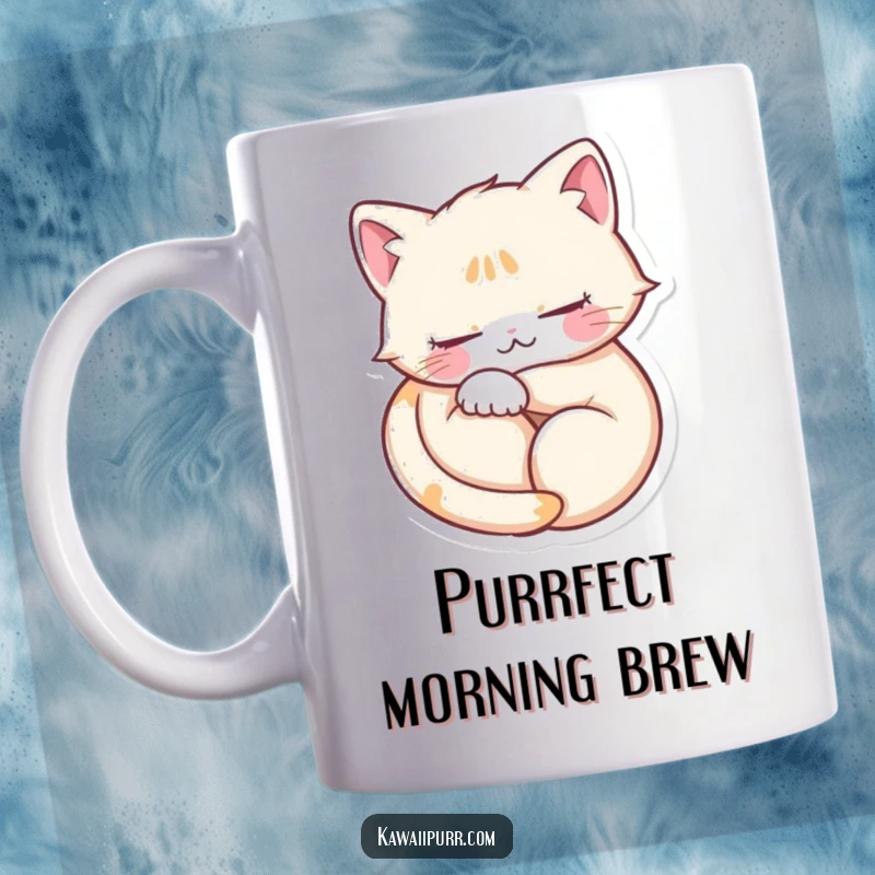 Funny mug with a purring cat curled into a heart shape, eyes blissfully closed, radiating warmth and love.