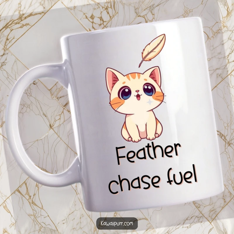 Funny, surprised cat character looking up with wide eyes at a delicate, floating feather, on a mug.