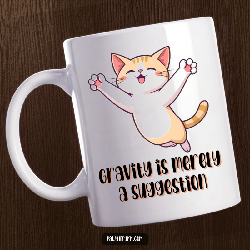 Funny Cat Leap Mug featuring a stylized cat character executing a dramatic mid-air jump with paws elegantly extended, showcasing pure playful energy.