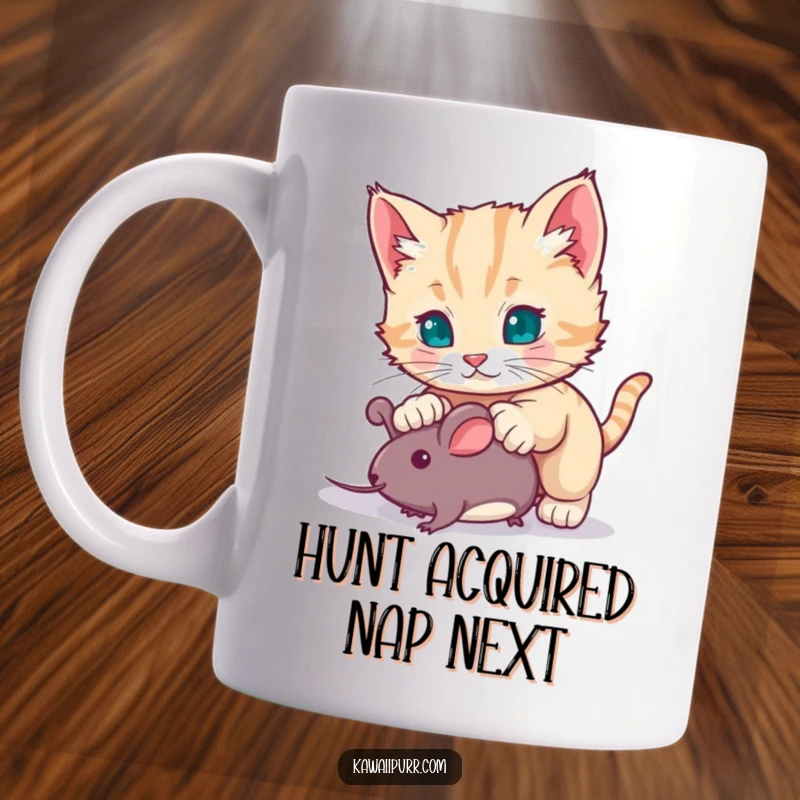 Funny kitten character hilariously pouncing on a tiny toy mouse, showcasing playful energy on a ceramic mug for cat enthusiasts.