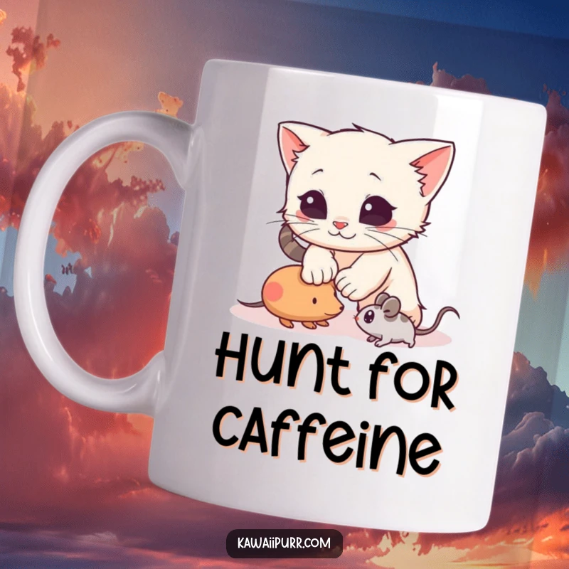 Funny Mug depicting a cute kitten character energetically pouncing on a toy mouse, capturing playful hunting instincts and humor.