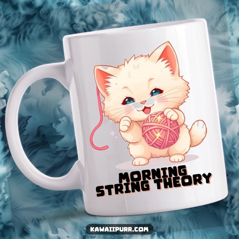 Funny Mug: Fluffy kitten character playfully batting at a dangling sparkly yarn ball, full of cute feline energy.