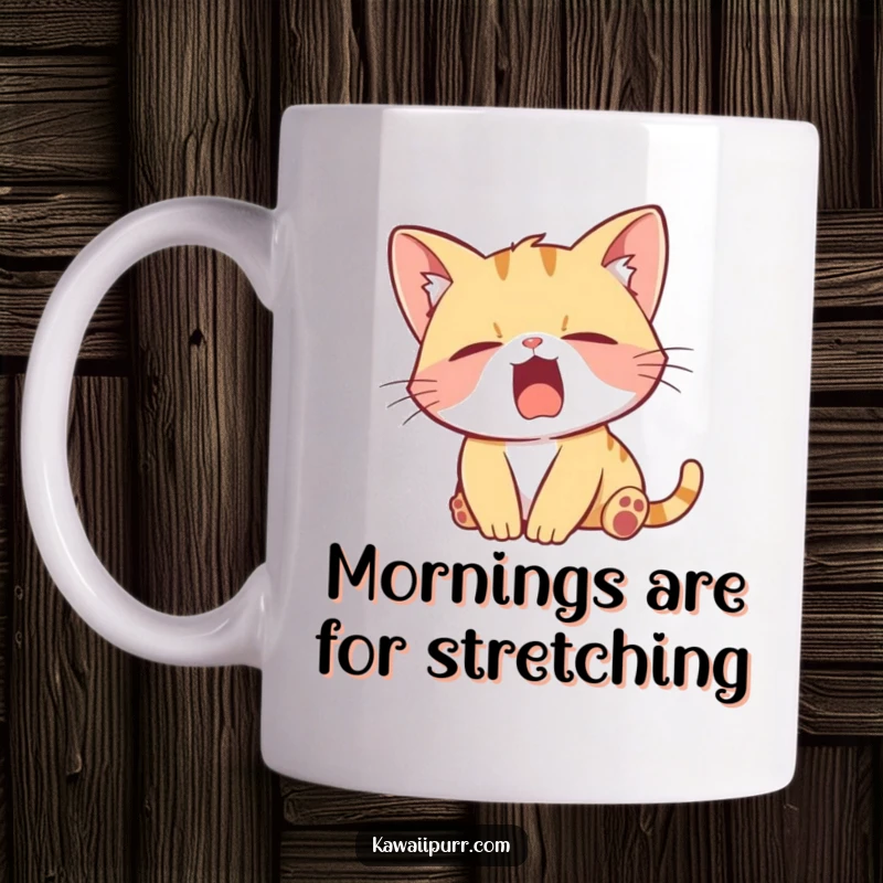 Funny Mug featuring a cute kitten character stretching lazily and yawning, embodying pure morning sloth and chill vibes.