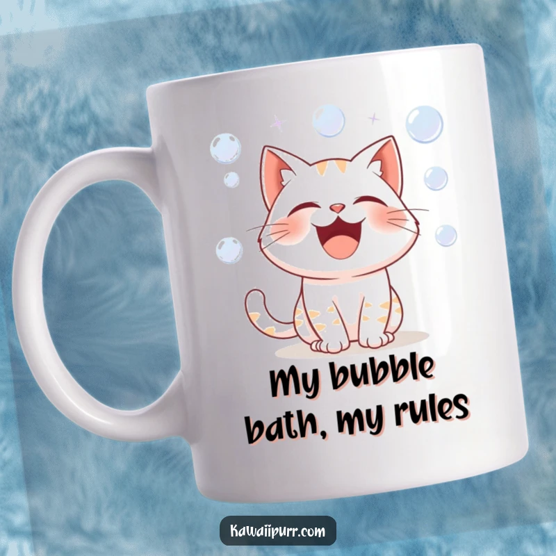 Funny mug with a cartoon cat exploding with laughter, surrounded by whimsical flying bubbles, expressing pure comedic delight.