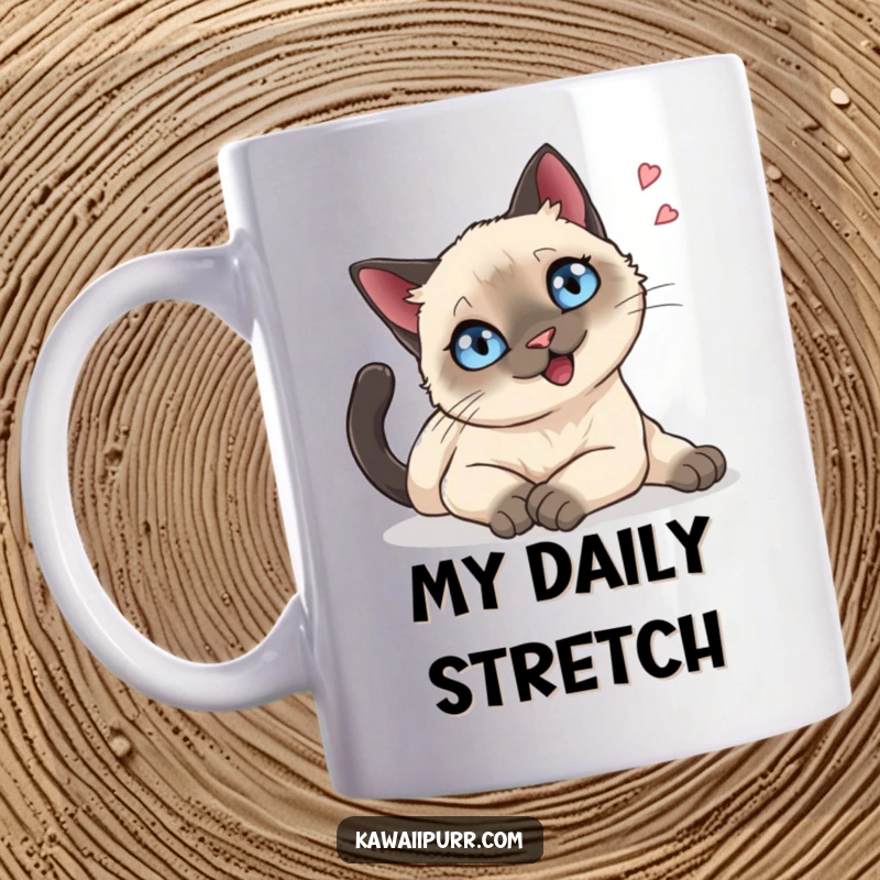 Funny Mug: A Siamese cat with sparkling blue eyes stretching languidly, expressing pure feline contentment and relaxation.
