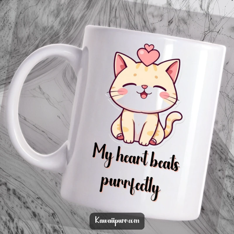 Funny purring cat mug with a tiny heart floating above its contented head, expressing pure feline love and happiness.