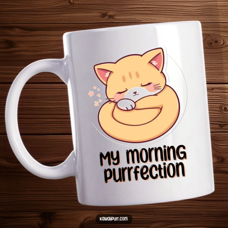 Funny sleepy cat curled in a circle, emitting soft purr vibrations, on a cozy mug. A delightful gift for cat lovers.