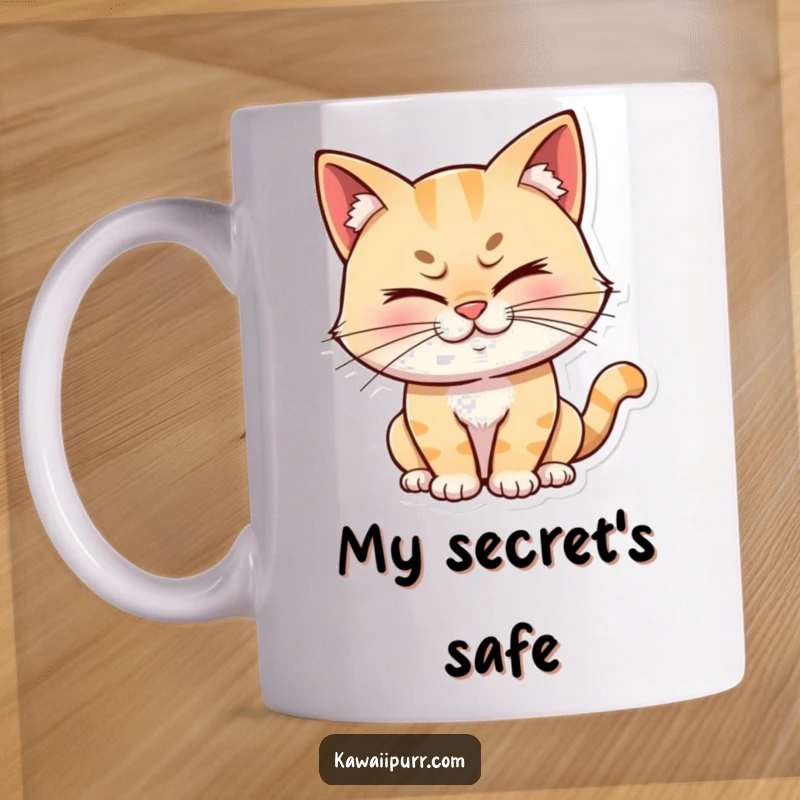 Funny cat character winking with a sly, mischievous grin, captured on a mug, embodying playful secrets and witty charm.