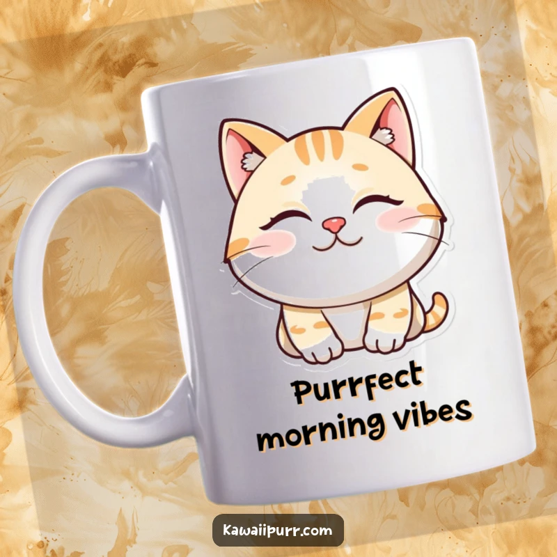 Funny mug featuring a smiling cat character with eyes closed, radiating contentment and purrfect peace.