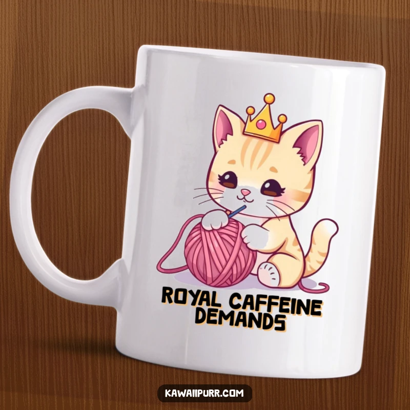 Funny mug showcasing a cute kawaii cat wearing a small, sparkly crown, playfully swatting at a ball of yarn with a gleeful expression.