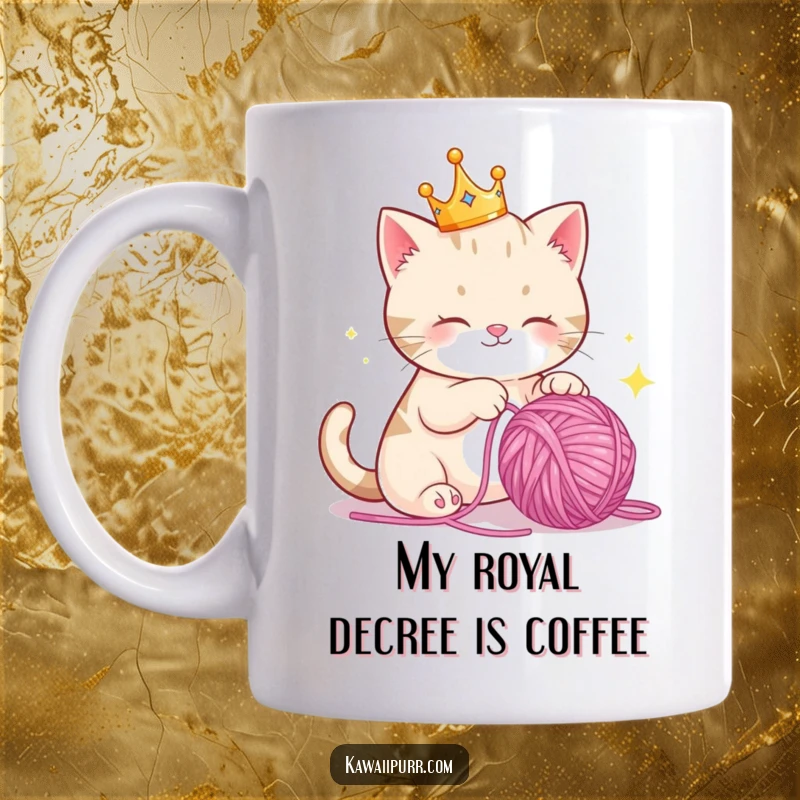 Funny Mug: Regal cat with tiny crown playfully batting a sparkling yarn ball, embodying pure joy and silliness.