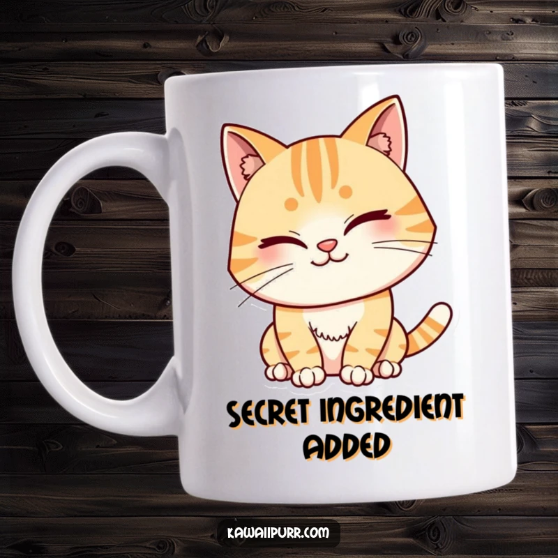 Funny Mug showing a cat character winking with a mischievous grin, radiating playful secrets and charming humor.