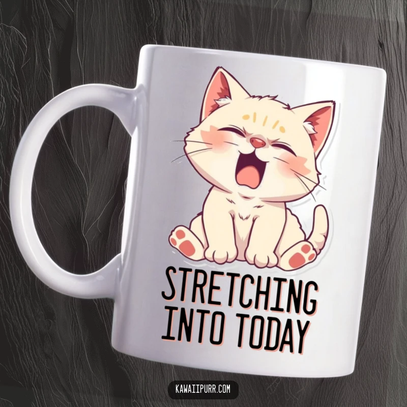 Funny Kitten Character stretching lazily with a yawn, looking sleepy and adorable on a ceramic mug.