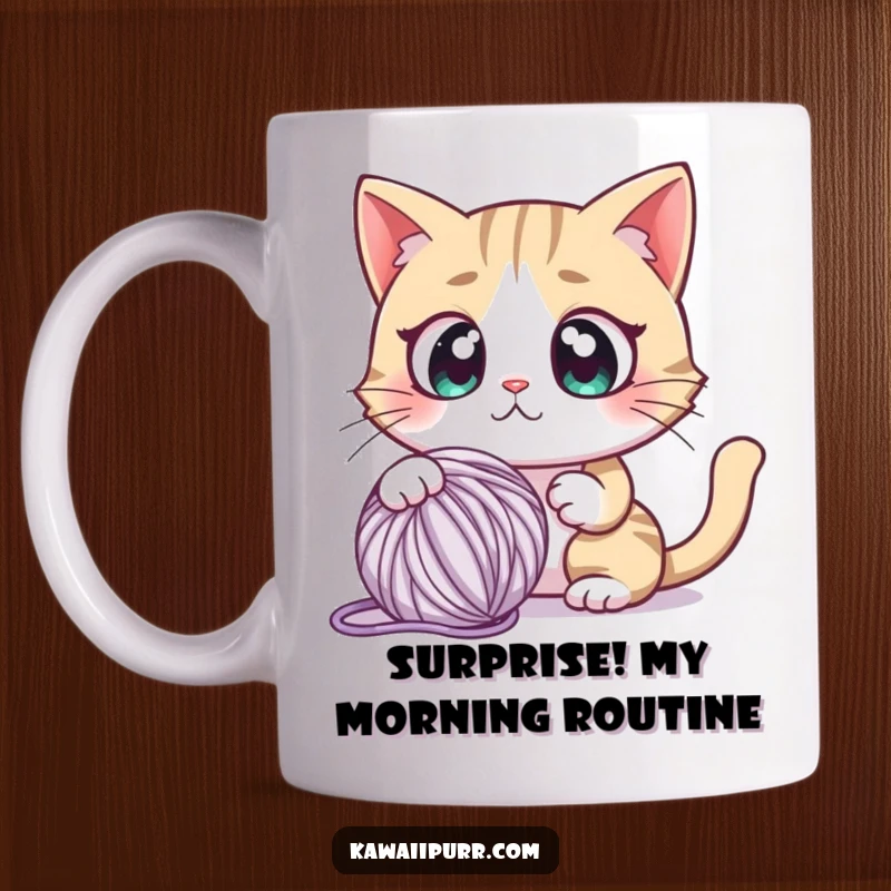 Funny mug featuring a cartoon cat character with comically wide, shocked eyes, staring intensely at a looming yarn ball.