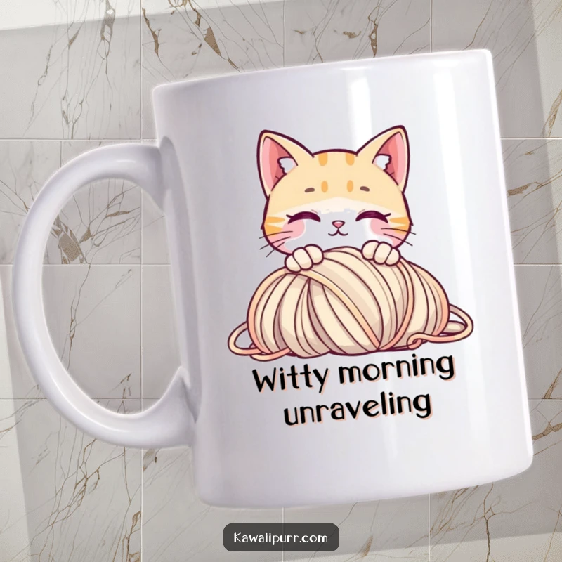 Funny mug featuring a curious cat peeking over a pile of yarn, symbolizing playful investigation.